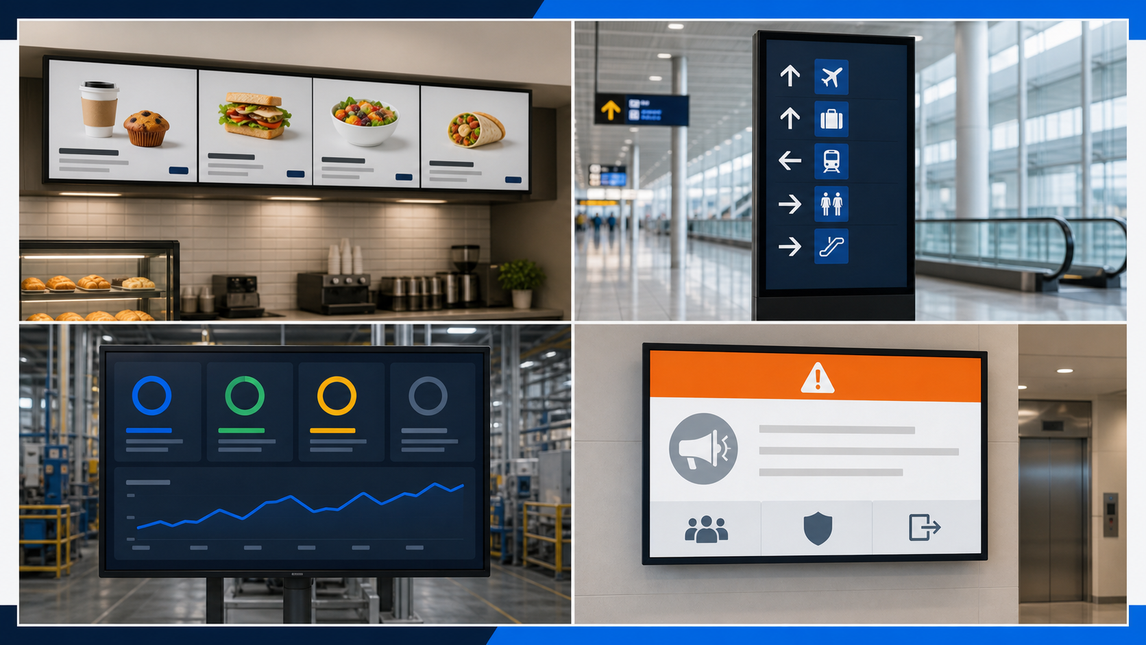 Examples of digital signage used for menus, wayfinding, operations and public information