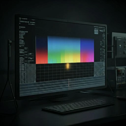 A dramatic close-up of a high-resolution display panel being tested in a darkened laboratory.